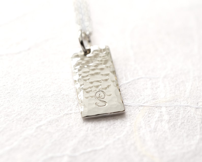 Sterling Silver Initial Tag Necklace, Personalized Rectangle Pendant , Minimalist Jewelry, Personalized Gift for Her all hammered