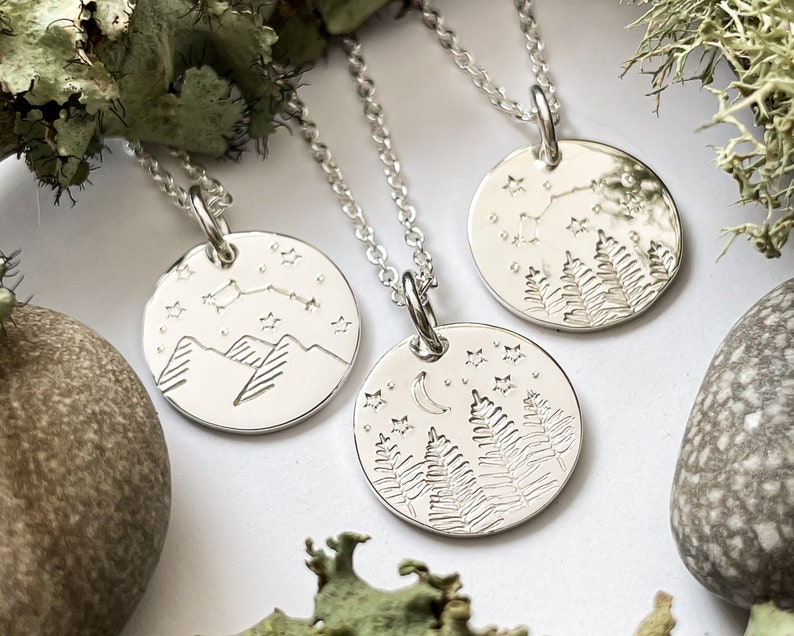 Forest or Mountains at Night Landscape, Nature Scene Necklace in Sterling Silver, Wanderlust Jewelry, Handmade Gift for Outdoor Lovers image 2