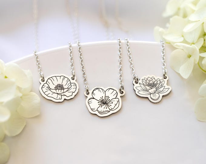 Sterling Silver Birth Flower Necklace, Personalized Pendant