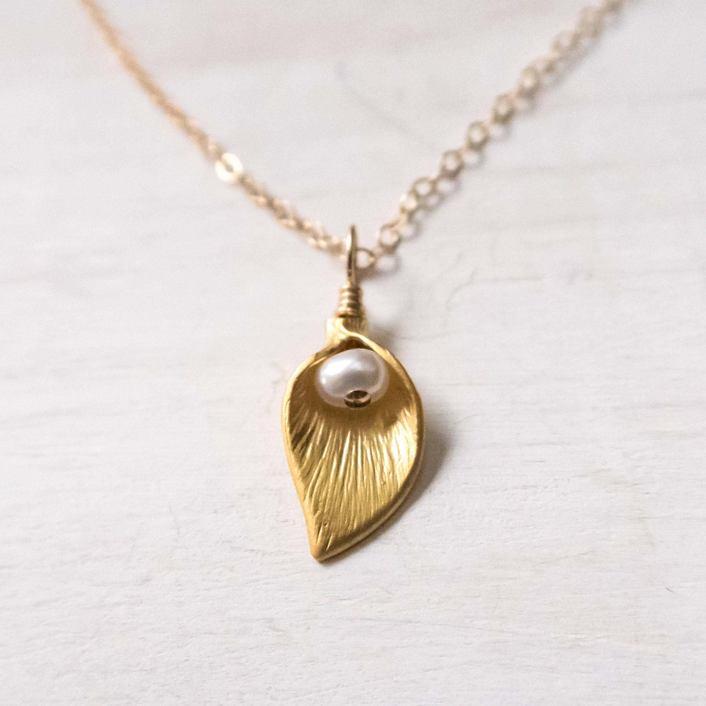 Tiny Calla Lily Necklace in Gold with freshwater Pearl, Gift for Her