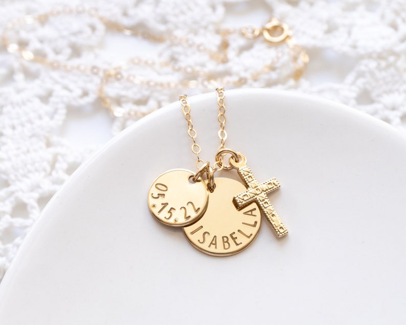 Cross Necklace Personalized with Name and Date Charms, Gold Filled, First Communion Necklace For Girl, Religious Jewelry image 1