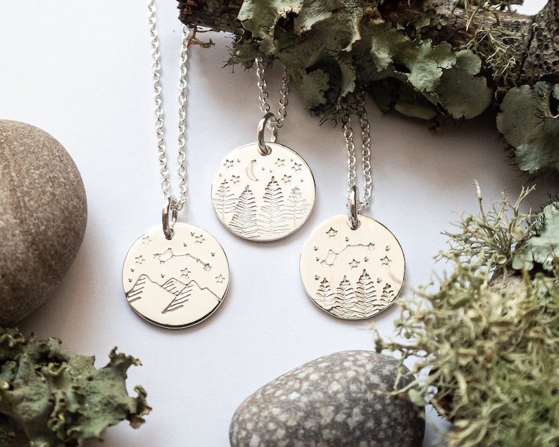 Forest or Mountains at Night Landscape, Nature Scene Necklace in Sterling Silver, Wanderlust Jewelry, Handmade Gift for Outdoor Lovers image 1