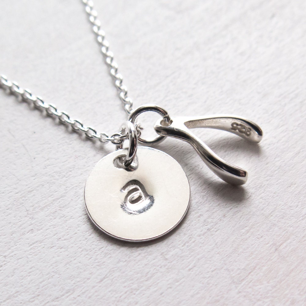 Sterling Silver Wishbone Necklace, Personalized with Initial, Dainty