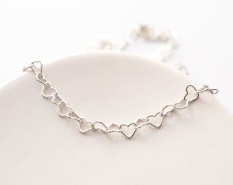 Sterling Silver Heart Chain Necklace, Heart Link Choker, Layering Chain Necklace, Adjustable