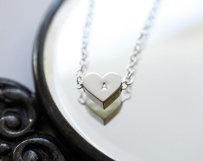 Tiny Heart Necklace in Sterling Silver, Heart Bead Personalized with Initial