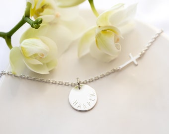 Mini Sideways Cross Necklace Personalized with Name Charm in Sterling Silver