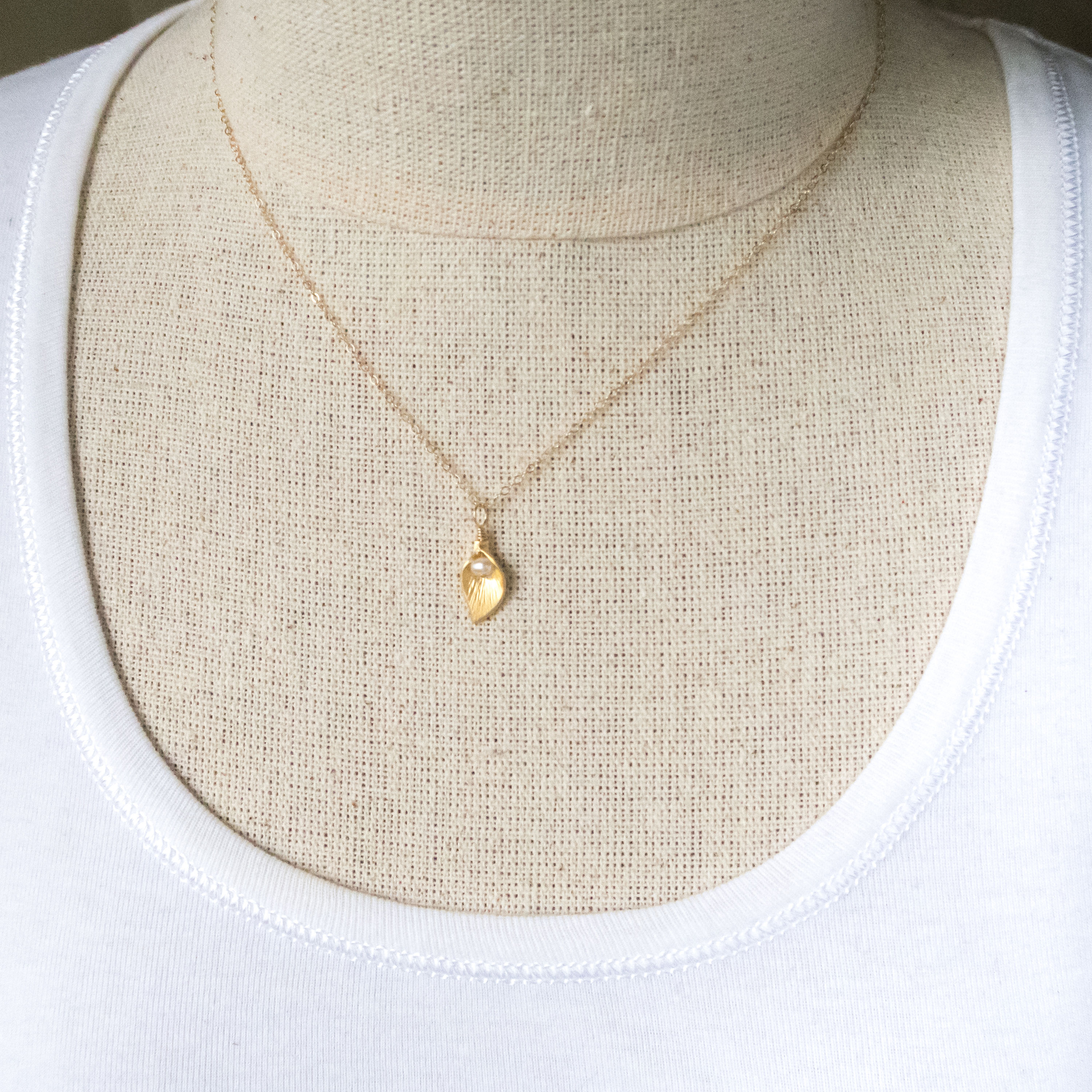 Tiny Calla Lily Necklace in Gold with freshwater Pearl, Gift for Her