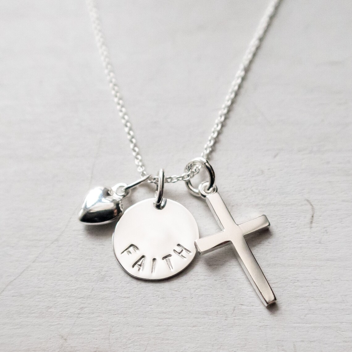 Sterling Silver Faith Necklace with Cross and Heart Charm Etsy