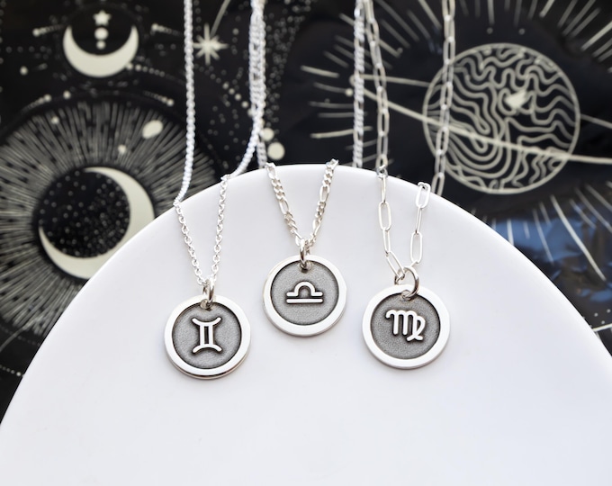 Zodiac Necklace in Sterling Silver, Personalized Astrology Gift for Her