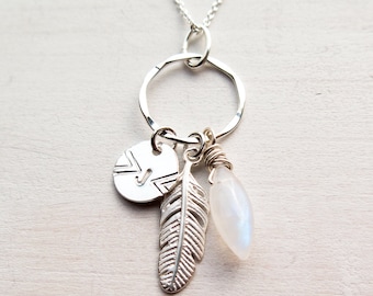 Feather and Moonstone Necklace Personalized with Initial, Sterling Silver, Modern Boho Necklace, Handmade Gift for Her