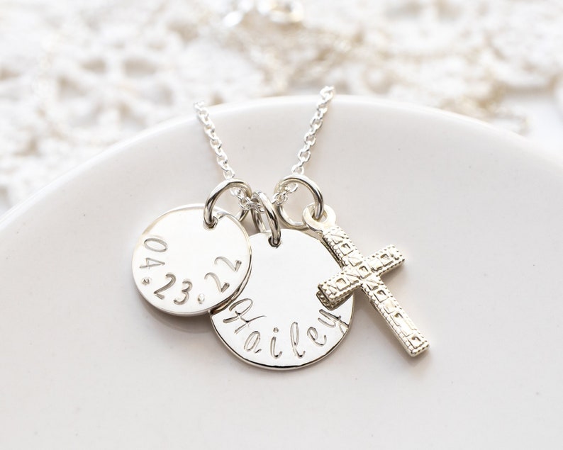 Cross Necklace Personalized with Name and Date Charms, Sterling Silver, First Communion Gift For Girl, Religious Jewelry image 5