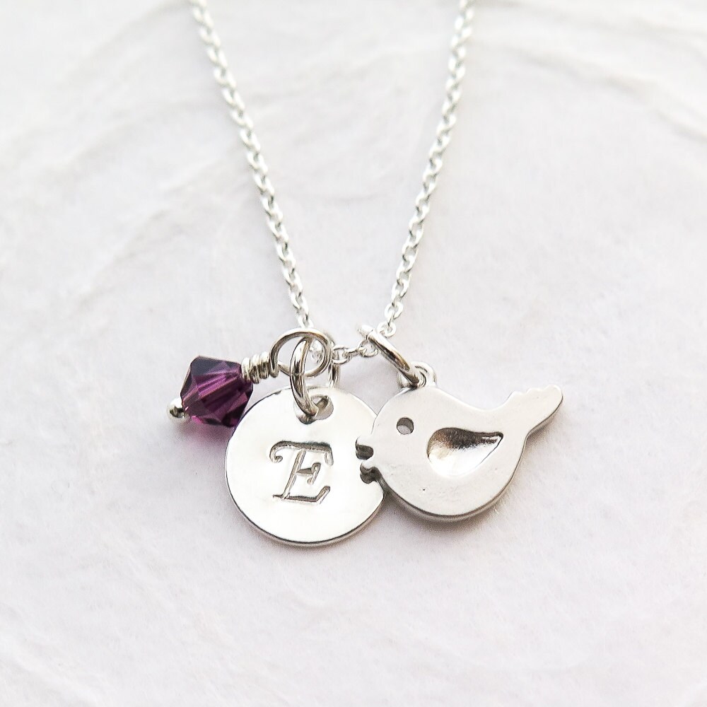 New Mom Necklace, Tiny Bird Necklace, Birthstone and Initial ...