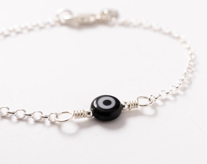 Dainty Evil Eye Bracelet, Sterling Silver, Black Evil Eye, Turkish Evil Eye, Protection Bracelet