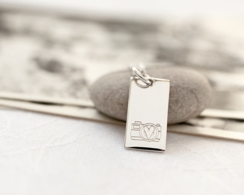 Sterling Silver Camera Necklace, Gift for Photographer, Hand stamped Rectangle Charm, Wedding Photographer Thank You Gift image 1