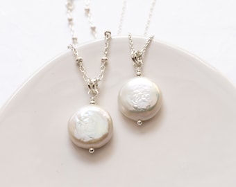 White Freshwater Coin Pearl Necklace in Sterling Silver, June Birthstone