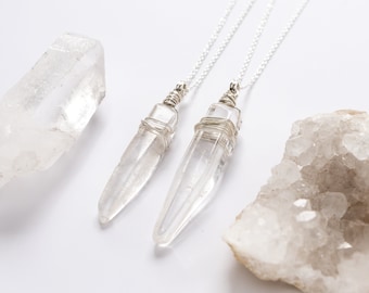 Clear Quartz Necklace, Quartz Crystal Point Wire Wrapped in Sterling Silver, Gemstone Jewelry for Mental Clarity, Gift for Her