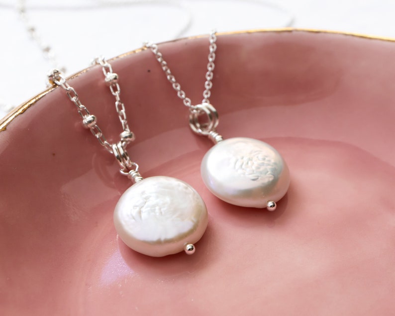Coin Pearl Necklace, Sterling Silver, White Freshwater Pearl Pendant, Single Pearl Necklace, June Birthstone, Gift for Her image 2