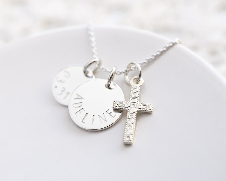 Cross Necklace Personalized with Name and Date Charms, Sterling Silver, First Communion Gift For Girl, Religious Jewelry image 3