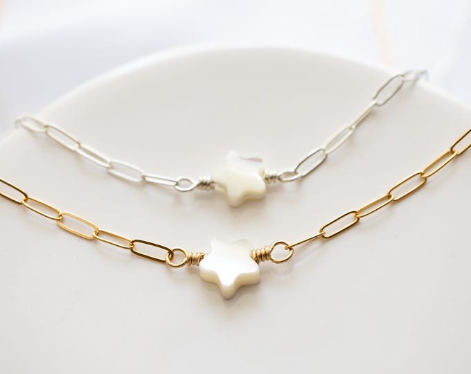 Dainty Star Necklace, Mother of Pearl Choker, Sterling Silver or Gold Filled, Gift for Her, Gift for Teen Girl, Everyday Summer Jewelry