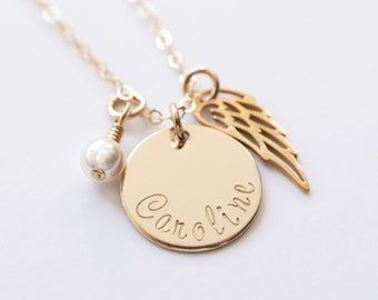 Angel Wing Necklace with Name Charm, Gold Filled, Personalized First Communion or Confirmation Gift for Girl
