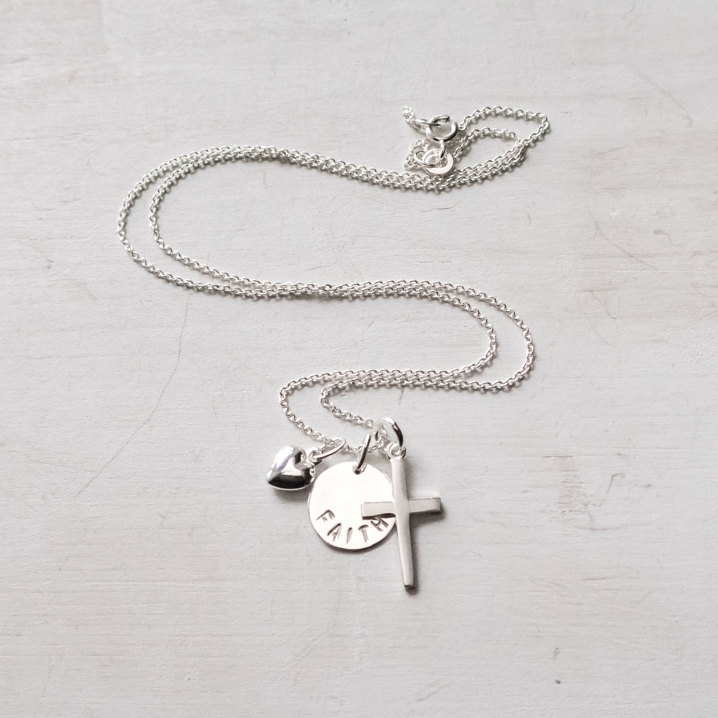 Sterling Silver Faith Necklace with Cross and Heart Charm Etsy