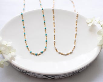 Gold Filled Enamel Bead Choker Necklace, White or Turquoise