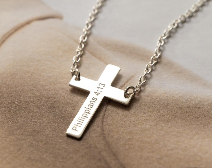 Large Cross Necklace with Custom Bible Verse, Sterling Silver, Unisex