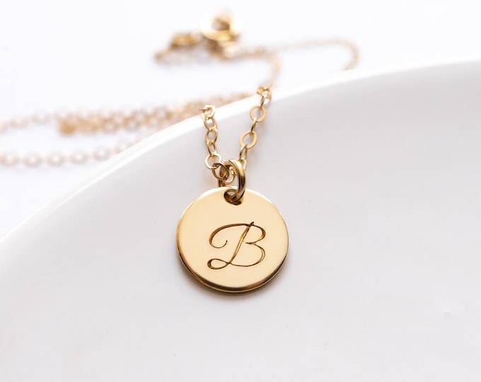 Tiny Initial Necklace in Gold Filled, Personalized Coin Necklace