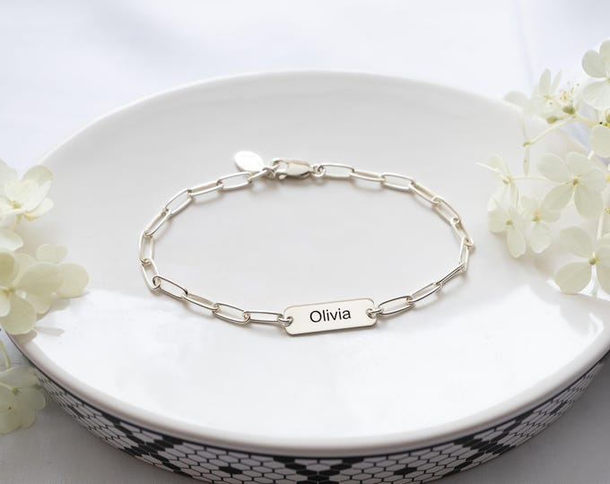 Paperclip Chain Bracelet Personalized with Name, Sterling Silver, Custom Rectangle Tag