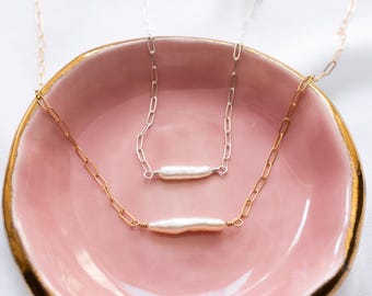 Dainty Stick Pearl Necklace in Sterling Silver or Gild Filled, Pearl Choker