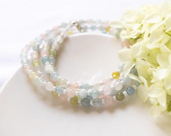 Pastel Gemstone Necklace, Beaded Choker,  Adjustable Length, Sterling Silver Finish