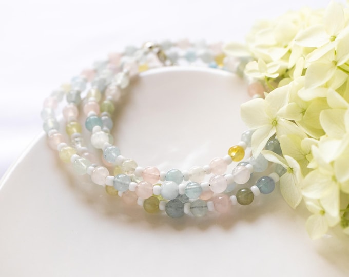 Beaded Gemstone Choker Necklace in Pastel Colors with Sterling Silver Extender