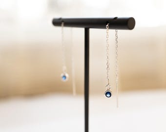 Birthstone Earrings in Sterling Silver, Personalized Threader Earrings, Custom Birthstone Dangle Earrings, Gift for Her