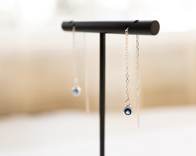 Birthstone Earrings in Sterling Silver, Personalized Threader Earrings, Custom Birthstone Dangle Earrings, Gift for Her