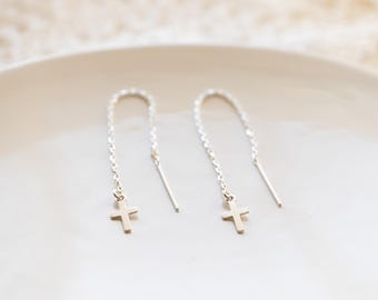 Tiny Cross Threader Earrings in Sterling Silver