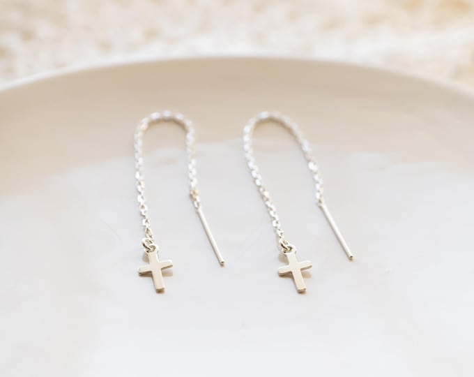 Tiny Cross Threader Earrings in Sterling Silver