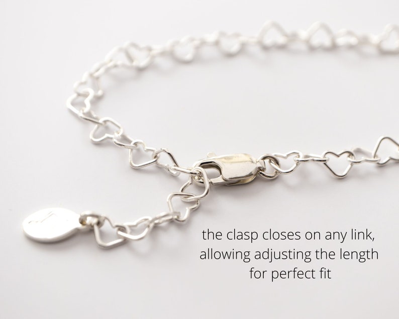 Sterling Silver Heart Chain Bracelet, Mini Heart Link Bracelet, Adjustable Length, Dainty Layering Bracelet, Gift for Her imagem 3