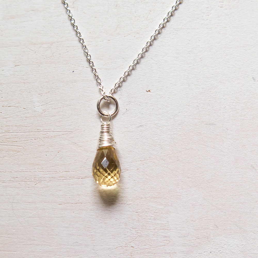 November Birthstone Necklace, Citrine Necklace, Sterling Silver, Wire Wrapped