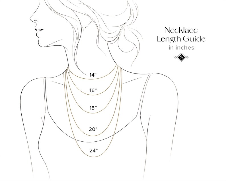 May include: A black and white line drawing illustration showing a necklace length guide. The graphic displays five different chain lengths labeled 14 inches, 16 inches, 18 inches, 20 inches, and 24 inches, draped around the neck area of a figure.