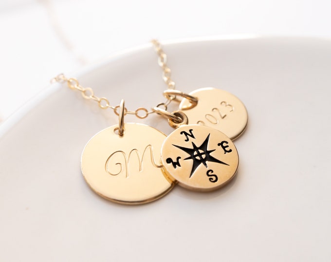 Graduation Gift for Her, Compass Necklace Personalized with Year and Initial, Gold Filled and Bronze, Gift for College Graduate
