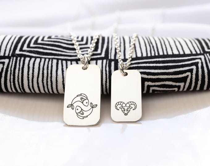 Zodiac Sign Necklace, Sterling Silver, Large Rectangle Tag