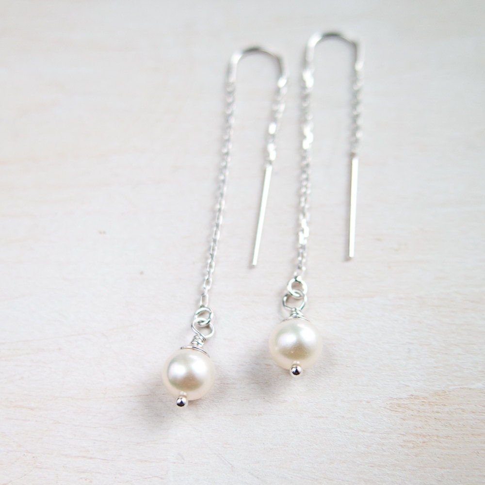 Pearl Threader Earrings Sterling Silver Long Pearl Earrings Etsy