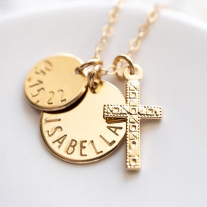 Cross Necklace Personalized with Name and Date Charms, Gold Filled, First Communion Necklace For Girl, Religious Jewelry image 3