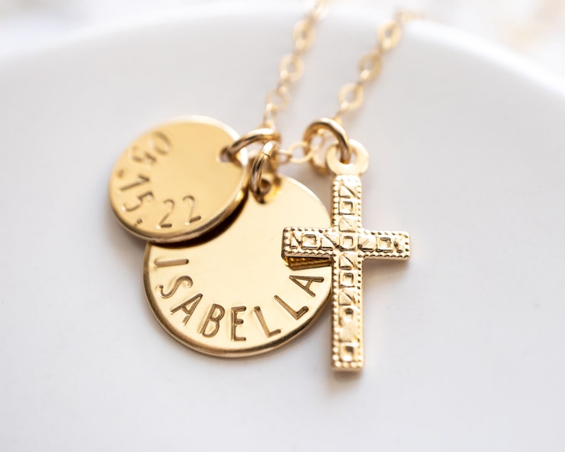Cross Necklace Personalized with Name and Date Charms, Gold Filled, First Communion Necklace For Girl, Religious Jewelry image 3