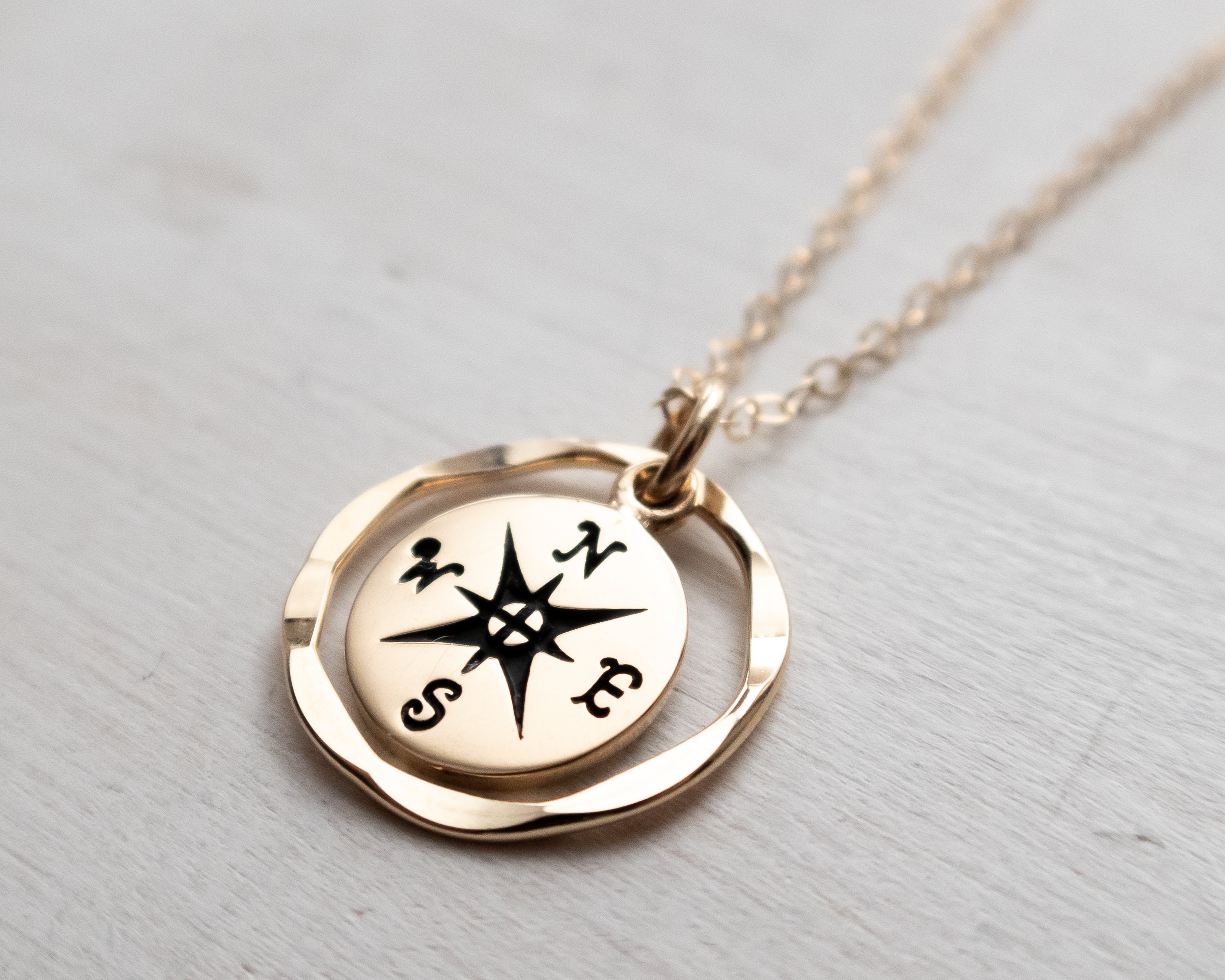 Compass Rose & vertical bar coordinate custom engraved necklace in Rose gold  fill, Yellow gold fill or sterling silver Nautical gifts