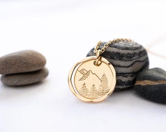 Gold Filled Mountain Necklace, Hand Stamped Nature Scene