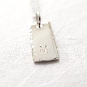 Sterling Silver Initial Tag Necklace, Personalized Rectangle Pendant , Minimalist Jewelry, Personalized Gift for Her hammered edges