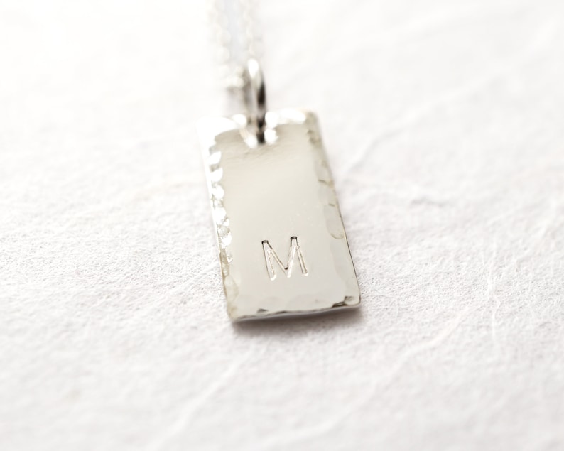 Sterling Silver Initial Tag Necklace, Personalized Rectangle Pendant , Minimalist Jewelry, Personalized Gift for Her hammered edges