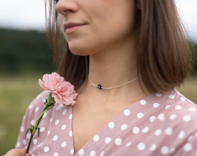 Black Evil Eye Choker Necklace, Sterling Silver