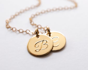 Custom Initial Disk Necklace in Gold Filled, Gift for Mom, Personalized with Initials for Children's Names